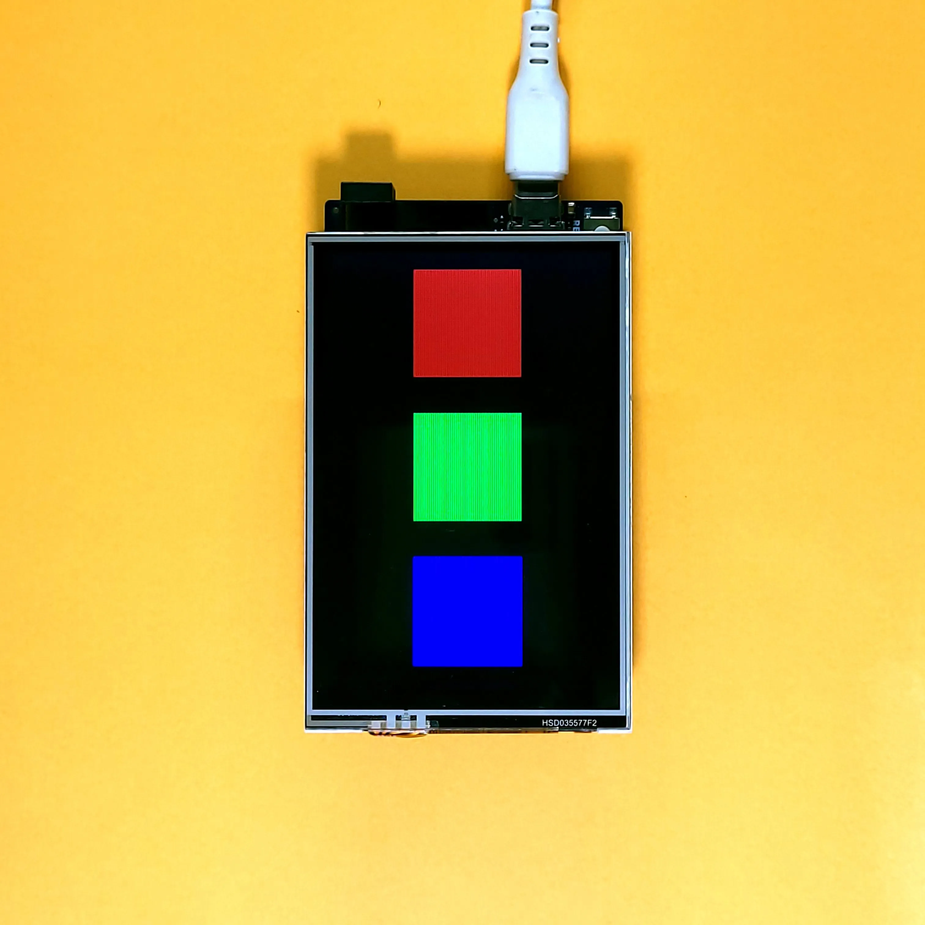 Image of three squares drawn on the ILI9486 TFT LCD Shield, colored Red, Green and Blue
